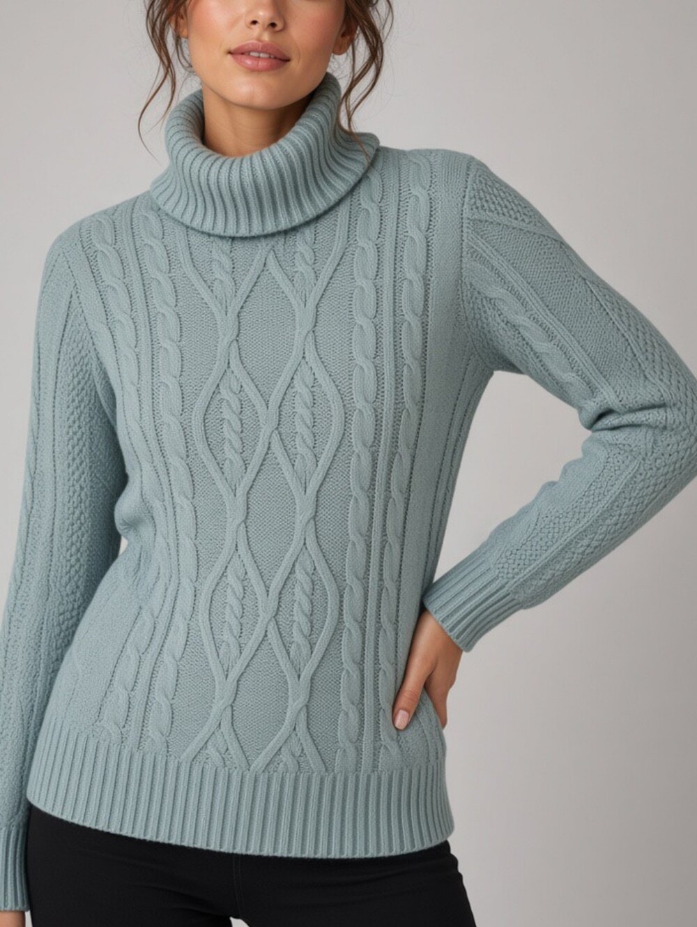 Zenana Seafoam Green Muted Sage Cable Turtleneck Sweater Oversized Medium